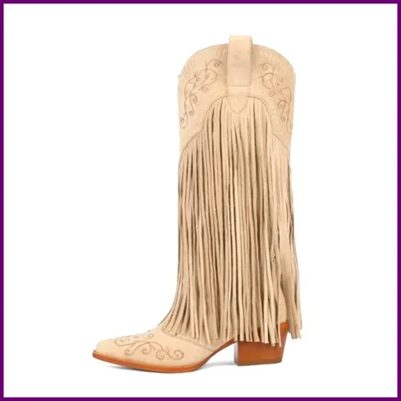 Knee High Cowboy Boots with Fringe Embroidered Chunky Heel Pointed Toe - Picture 4 of 7